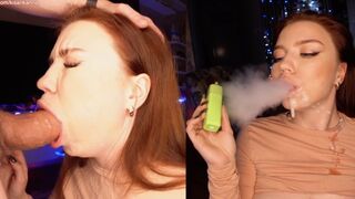 She smokes and sucks my dick, then I cover her face with sperm. She seems thrilled!