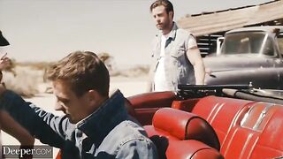 A girl has fun with another guy on the car hood while her BF is away