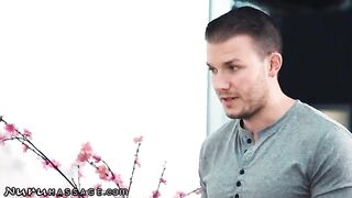 Two masseuses serve one client with a happy ending in this steamy scene