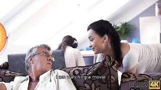 Old guy seduced his son's GF to fuck, showcasing forbidden desire in HD