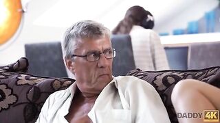 Old guy seduced his son's GF to fuck, showcasing forbidden desire in HD