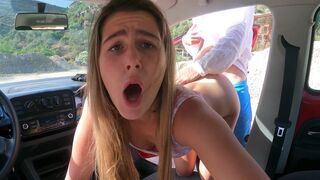 A blonde woman got fucked hard in the car on public parking, loving every moment