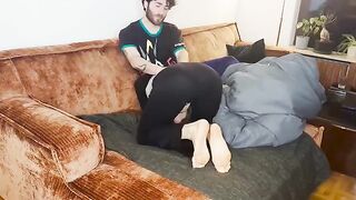 A couple has real sex under the blanket and releases cum together