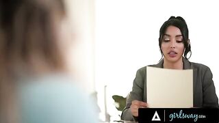 A busty lawyer, Kayley Gunner, gets rough with her client Vanessa Sky