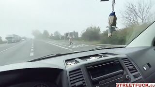 Blonde Sky Pierce gets horny and flags cars for public sex