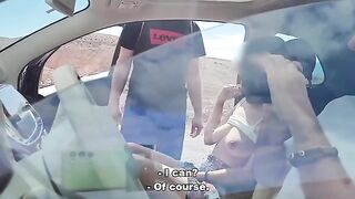 Exhibitionist guy cuts off a piece of his clothes and starts playing with it in the middle of the street