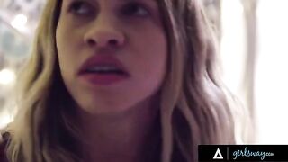 Popular college girl Gia Derza catches bullied Khloe Kapri in the bathroom