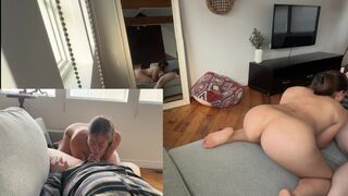 A couple enjoys sex on their bed in a BnB setting