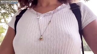 Girl masturbates and comes in public with a stranger watching