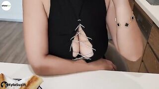 The girl is looking for excuses to get cumshots in the kitchen