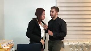 A cutie secretary fucks with her handsome boss in stockings in the office