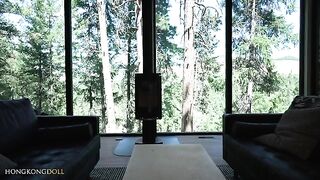 A sexy girl meditates in the forest, her yoga pants tight