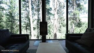 A sexy girl meditates in the forest, her yoga pants tight
