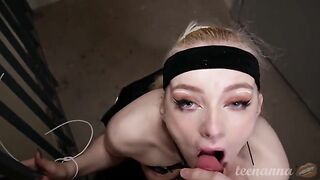 A blue-eyed girl chokes on a cock at the entrance