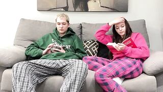 Stepbrother watches porn and jerks next to his stepsister on the couch. She prefers a handjob
