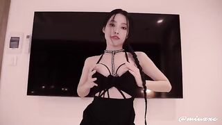 An Asian beauty in a black dress was fucked hard and cum inside her