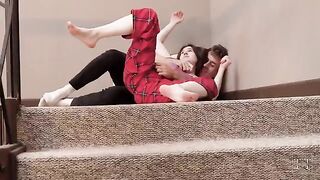 Perky stepsister seduced her bro on the staircase