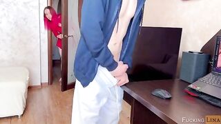 Guy caught jerking off by kinky stepsis, fucked on the table