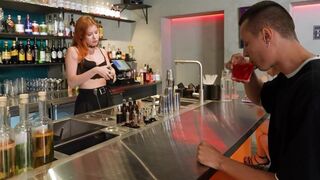 A hot bartender's lingerie was irresistible to the eager customer