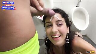 Public blowjob and cum walk by waterfall