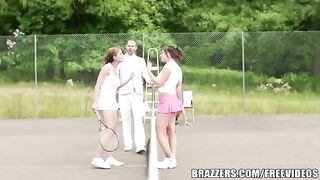 A girl has sex with her friend and rich uncle on the tennis court