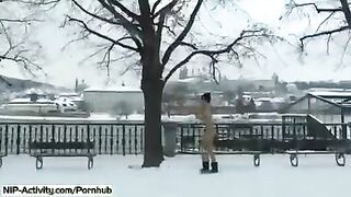 A hot student with big boobs is flashing her body on the street