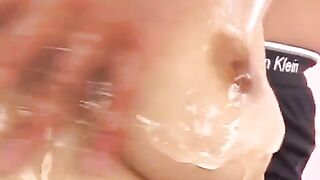 Oiled Japanese boobie massage turns into a handjob fuck