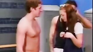 A cute schoolgirl got fucked by boys in the locker room