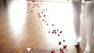 A young brunette girl has sex right in her bedroom on the bed