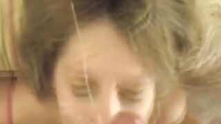 The guy made cumshot on the girl's face after blowjob
