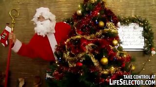 Delicious Russian slut serves five guys in Santa suits