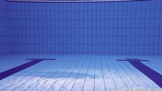 Helen has a naked swim in the pool and shows her body