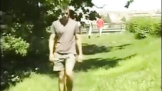 A guy masturbates his big cock in the hayloft