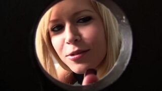 Blonde woman sucks cock through the hole in the toilet