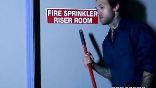Cleaner fucks in the back room with Abigail Mac