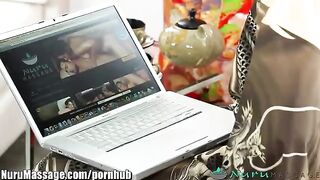 Hot Chinese chick gives a deepthroat blowjob after taking oil on her tits