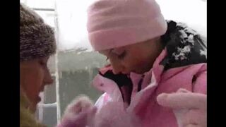 Two girls are having fun while they are not dating any boy on a cold winter day