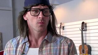 The beautiful woman has sex right in the shop with others