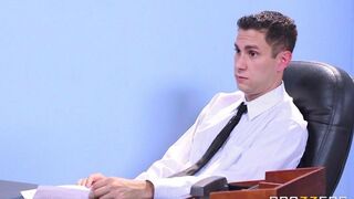 Two chicks shared cock during an interview with a guy in FFM action
