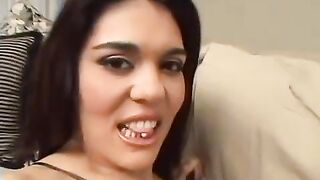 Two guys fucked brunette with big ass under a skirt
