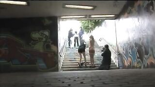 The girl was tied up and fucked on the public street hard