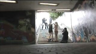 The girl was tied up and fucked on the public street hard