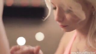 Blonde beauty makes a blowjob in the studio for her husband