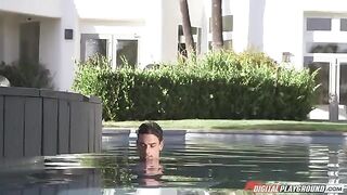 Brunette with big tits has sex in the pool