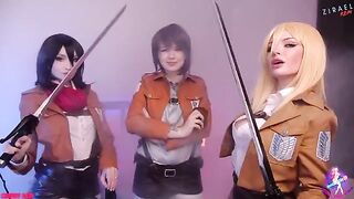 Cosplay lesbian threesome with wet pussy fuck and licking