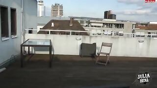 Brunette with big tits bounces on cock in POV on the roof