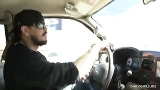 Fella has long cock and huge balls, just met girl is jerking her off
