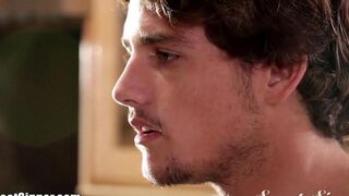A man fucked a brunette on the bed with passion