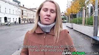 A blonde is ready to do anything for a new sofa. Even sex