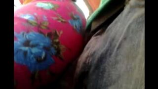 A man has an orgasm rubbing his dick on the riser with women on a bus